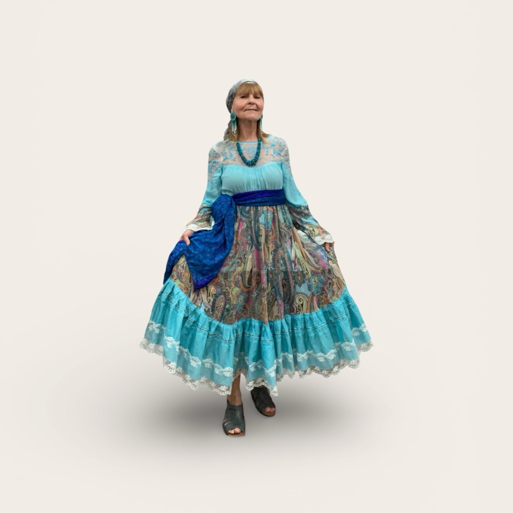 Upcycled Turquoise Boho Maxi Dress with Lacy Top & Paisley Ruffled Skirt, Size M - Picture 12 of 12